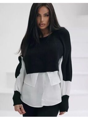 Layered Black and White Knit Blouse - Women's Fashion Top